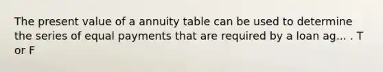 The present value of a annuity table can be used to determine the series of equal payments that are required by a loan ag... . T or F