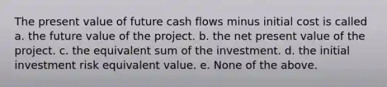 The present value of future cash flows minus initial cost is called a. the future value of the project. b. the net present value of the project. c. the equivalent sum of the investment. d. the initial investment risk equivalent value. e. None of the above.