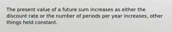 The present value of a future sum increases as either the discount rate or the number of periods per year increases, other things held constant.