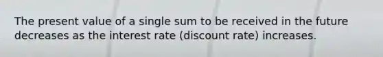 The present value of a single sum to be received in the future decreases as the interest rate (discount rate) increases.