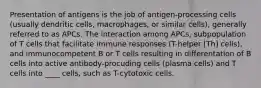 Presentation of antigens is the job of antigen-processing cells (usually dendritic cells, macrophages, or similar cells), generally referred to as APCs. The interaction among APCs, subpopulation of T cells that facilitate immune responses (T-helper [Th] cells), and immunocompetent B or T cells resulting in differentation of B cells into active antibody-procuding cells (plasma cells) and T cells into ____ cells, such as T-cytotoxic cells.