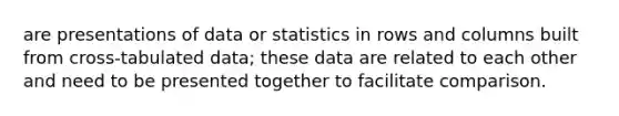 are presentations of data or statistics in rows and columns built from cross-tabulated data; these data are related to each other and need to be presented together to facilitate comparison.