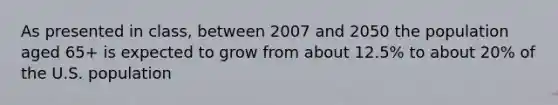 As presented in class, between 2007 and 2050 the population aged 65+ is expected to grow from about 12.5% to about 20% of the U.S. population