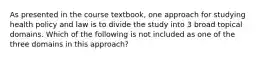As presented in the course textbook, one approach for studying health policy and law is to divide the study into 3 broad topical domains. Which of the following is not included as one of the three domains in this approach?