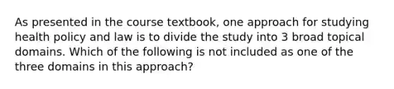 As presented in the course textbook, one approach for studying health policy and law is to divide the study into 3 broad topical domains. Which of the following is not included as one of the three domains in this approach?