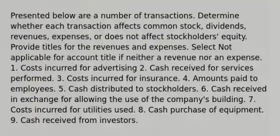 Presented below are a number of transactions. Determine whether each transaction affects common stock, dividends, revenues, expenses, or does not affect stockholders' equity. Provide titles for the revenues and expenses. Select Not applicable for account title if neither a revenue nor an expense. 1. Costs incurred for advertising 2. Cash received for services performed. 3. Costs incurred for insurance. 4. Amounts paid to employees. 5. Cash distributed to stockholders. 6. Cash received in exchange for allowing the use of the company's building. 7. Costs incurred for utilities used. 8. Cash purchase of equipment. 9. Cash received from investors.