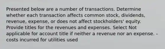 Presented below are a number of transactions. Determine whether each transaction affects common stock, dividends, revenue, expense, or does not affect stockholders' equity. Provide titles for the revenues and expenses. Select Not applicable for account title if neither a revenue nor an expense. -costs incurred for utilities used