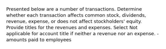 Presented below are a number of transactions. Determine whether each transaction affects common stock, dividends, revenue, expense, or does not affect stockholders' equity. Provide titles for the revenues and expenses. Select Not applicable for account title if neither a revenue nor an expense. -amounts paid to employees