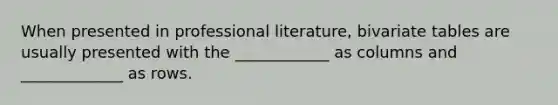 When presented in professional literature, bivariate tables are usually presented with the ____________ as columns and _____________ as rows.