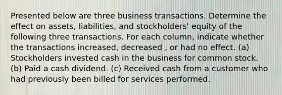 Presented below are three business transactions. Determine the effect on assets, liabilities, and stockholders' equity of the following three transactions. For each column, indicate whether the transactions increased, decreased , or had no effect. (a) Stockholders invested cash in the business for common stock. (b) Paid a cash dividend. (c) Received cash from a customer who had previously been billed for services performed.