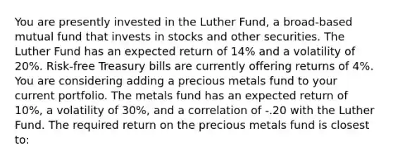 You are presently invested in the Luther Fund, a broad-based mutual fund that invests in stocks and other securities. The Luther Fund has an expected return of 14% and a volatility of 20%. Risk-free Treasury bills are currently offering returns of 4%. You are considering adding a precious metals fund to your current portfolio. The metals fund has an expected return of 10%, a volatility of 30%, and a correlation of -.20 with the Luther Fund. The required return on the precious metals fund is closest to: