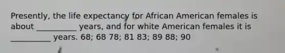 Presently, the life expectancy for African American females is about __________ years, and for white American females it is __________ years. 68; 68 78; 81 83; 89 88; 90