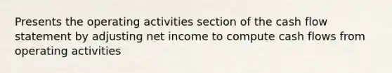 Presents the operating activities section of the cash flow statement by adjusting net income to compute cash flows from operating activities