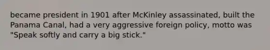 became president in 1901 after McKinley assassinated, built the Panama Canal, had a very aggressive foreign policy, motto was "Speak softly and carry a big stick."