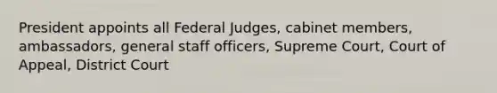 President appoints all Federal Judges, cabinet members, ambassadors, general staff officers, Supreme Court, Court of Appeal, District Court