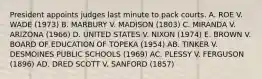 President appoints judges last minute to pack courts. A. ROE V. WADE (1973) B. MARBURY V. MADISON (1803) C. MIRANDA V. ARIZONA (1966) D. UNITED STATES V. NIXON (1974) E. BROWN V. BOARD OF EDUCATION OF TOPEKA (1954) AB. TINKER V. DESMOINES PUBLIC SCHOOLS (1969) AC. PLESSY V. FERGUSON (1896) AD. DRED SCOTT V. SANFORD (1857)