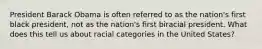 President Barack Obama is often referred to as the nation's first black president, not as the nation's first biracial president. What does this tell us about racial categories in the United States?