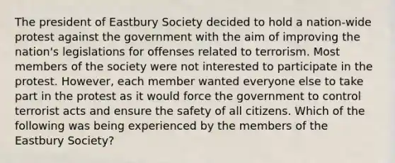 The president of Eastbury Society decided to hold a nation-wide protest against the government with the aim of improving the nation's legislations for offenses related to terrorism. Most members of the society were not interested to participate in the protest. However, each member wanted everyone else to take part in the protest as it would force the government to control terrorist acts and ensure the safety of all citizens. Which of the following was being experienced by the members of the Eastbury Society?