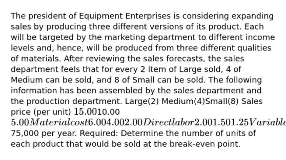 The president of Equipment Enterprises is considering expanding sales by producing three different versions of its product. Each will be targeted by the marketing department to different income levels and, hence, will be produced from three different qualities of materials. After reviewing the sales forecasts, the sales department feels that for every 2 item of Large sold, 4 of Medium can be sold, and 8 of Small can be sold. The following information has been assembled by the sales department and the production department. Large(2) Medium(4)Small(8) Sales price (per unit) 15.0010.00 5.00 Material cost 6.00 4.00 2.00 Direct labor 2.00 1.50 1.25 Variable Overhead 2.00 1.50 1.25 The fixed costs associated with the manufacture of these three products are75,000 per year. Required: Determine the number of units of each product that would be sold at the break-even point.