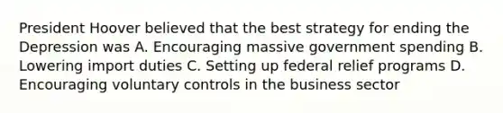 President Hoover believed that the best strategy for ending the Depression was A. Encouraging massive government spending B. Lowering import duties C. Setting up federal relief programs D. Encouraging voluntary controls in the business sector