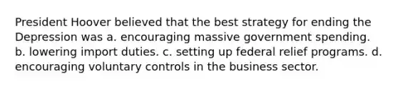 President Hoover believed that the best strategy for ending the Depression was a. encouraging massive government spending. b. lowering import duties. c. setting up federal relief programs. d. encouraging voluntary controls in the business sector.