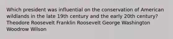 Which president was influential on the conservation of American wildlands in the late 19th century and the early 20th century? Theodore Roosevelt Franklin Roosevelt George Washington Woodrow Wilson