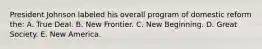 President Johnson labeled his overall program of domestic reform the: A. True Deal. B. New Frontier. C. New Beginning. D. Great Society. E. New America.
