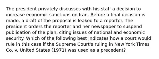 The president privately discusses with his staff a decision to increase economic sanctions on Iran. Before a final decision is made, a draft of the proposal is leaked to a reporter. The president orders the reporter and her newspaper to suspend publication of the plan, citing issues of national and economic security. Which of the following best indicates how a court would rule in this case if the Supreme Court's ruling in New York Times Co. v. United States (1971) was used as a precedent?