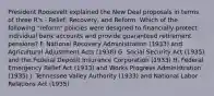 President Roosevelt explained the New Deal proposals in terms of three R's - Relief, Recovery, and Reform. Which of the following "reform" policies were designed to financially protect individual bank accounts and provide guaranteed retirement pensions? F. National Recovery Administration (1933) and Agricultural Adjustment Acts (1938) G. Social Security Act (1935) and the Federal Deposit Insurance Corporation (1933) H. Federal Emergency Relief Act (1933) and Works Progress Administration (1935) J. Tennessee Valley Authority (1933) and National Labor Relations Act (1935)