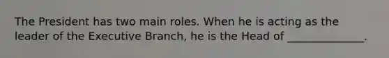 The President has two main roles. When he is acting as the leader of the Executive Branch, he is the Head of ______________.