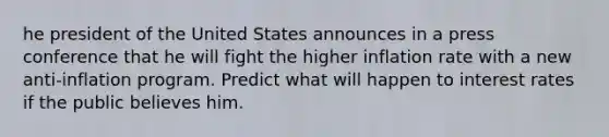 he president of the United States announces in a press conference that he will fight the higher inflation rate with a new anti-inflation program. Predict what will happen to interest rates if the public believes him.