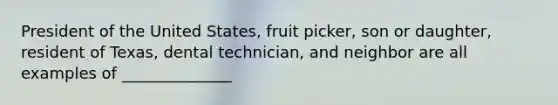 President of the United States, fruit picker, son or daughter, resident of Texas, dental technician, and neighbor are all examples of ______________