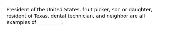 President of the United States, fruit picker, son or daughter, resident of Texas, dental technician, and neighbor are all examples of __________.