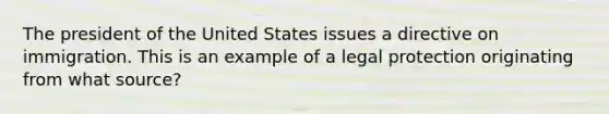 The president of the United States issues a directive on immigration. This is an example of a legal protection originating from what source?