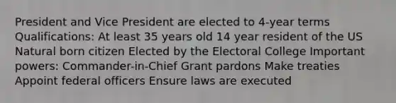 President and Vice President are elected to 4-year terms Qualifications: At least 35 years old 14 year resident of the US Natural born citizen Elected by the Electoral College Important powers: Commander-in-Chief Grant pardons Make treaties Appoint federal officers Ensure laws are executed