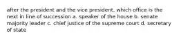 after the president and the vice president, which office is the next in line of succession a. speaker of the house b. senate majority leader c. chief justice of the supreme court d. secretary of state