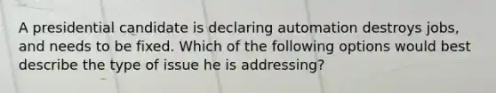 A presidential candidate is declaring automation destroys jobs, and needs to be fixed. Which of the following options would best describe the type of issue he is addressing?