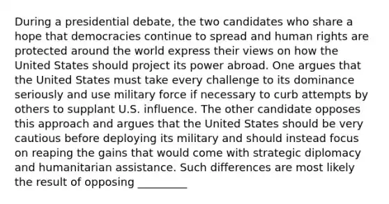 During a presidential debate, the two candidates who share a hope that democracies continue to spread and human rights are protected around the world express their views on how the United States should project its power abroad. One argues that the United States must take every challenge to its dominance seriously and use military force if necessary to curb attempts by others to supplant U.S. influence. The other candidate opposes this approach and argues that the United States should be very cautious before deploying its military and should instead focus on reaping the gains that would come with strategic diplomacy and humanitarian assistance. Such differences are most likely the result of opposing _________