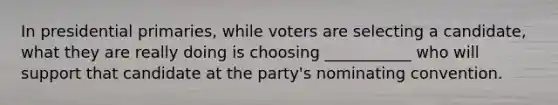 In presidential primaries, while voters are selecting a candidate, what they are really doing is choosing ___________ who will support that candidate at the party's nominating convention.