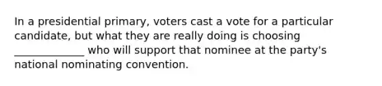 In a presidential primary, voters cast a vote for a particular candidate, but what they are really doing is choosing _____________ who will support that nominee at the party's national nominating convention.