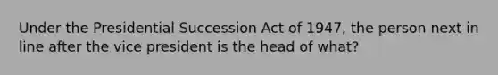 Under the Presidential Succession Act of 1947, the person next in line after the vice president is the head of what?