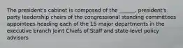 The president's cabinet is composed of the ______. president's party leadership chairs of the congressional standing committees appointees heading each of the 15 major departments in the executive branch Joint Chiefs of Staff and state-level policy advisors