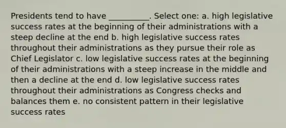 Presidents tend to have __________. Select one: a. high legislative success rates at the beginning of their administrations with a steep decline at the end b. high legislative success rates throughout their administrations as they pursue their role as Chief Legislator c. low legislative success rates at the beginning of their administrations with a steep increase in the middle and then a decline at the end d. low legislative success rates throughout their administrations as Congress checks and balances them e. no consistent pattern in their legislative success rates