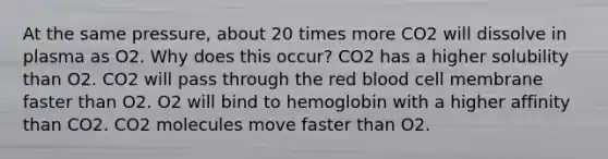 At the same pressure, about 20 times more CO2 will dissolve in plasma as O2. Why does this occur? CO2 has a higher solubility than O2. CO2 will pass through the red blood cell membrane faster than O2. O2 will bind to hemoglobin with a higher affinity than CO2. CO2 molecules move faster than O2.