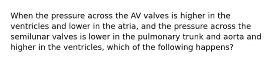 When the pressure across the AV valves is higher in the ventricles and lower in the atria, and the pressure across the semilunar valves is lower in the pulmonary trunk and aorta and higher in the ventricles, which of the following happens?