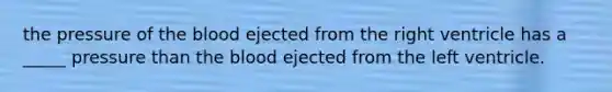 the pressure of the blood ejected from the right ventricle has a _____ pressure than the blood ejected from the left ventricle.