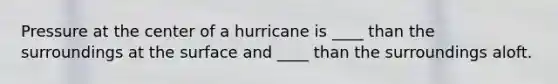 Pressure at the center of a hurricane is ____ than the surroundings at the surface and ____ than the surroundings aloft.