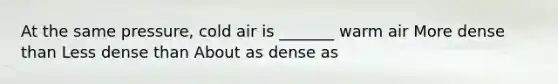 At the same pressure, cold air is _______ warm air More dense than Less dense than About as dense as