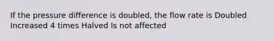 If the pressure difference is doubled, the flow rate is Doubled Increased 4 times Halved Is not affected