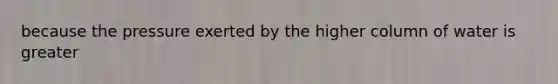 because the pressure exerted by the higher column of water is greater